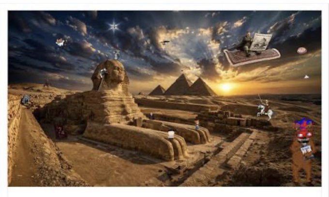 The image features a large pyramid with two smaller ones, surrounded by people walking around it. There are also several other objects scattered throughout the scene, including a dog, a horse, and a person wearing a blue hat. The background of the image is filled with clouds, giving the impression that they are in an outdoor setting during sunset. The post includes information about the Central Bank of Egypt XRP XLM XDC HBA ADA ALGO IOTA, which might be related to the pyramid or the overall theme of the image.