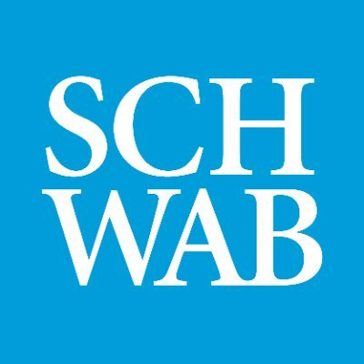 A simple blue square displays the word 'SCHWAB' in large, white, stacked serif letters.