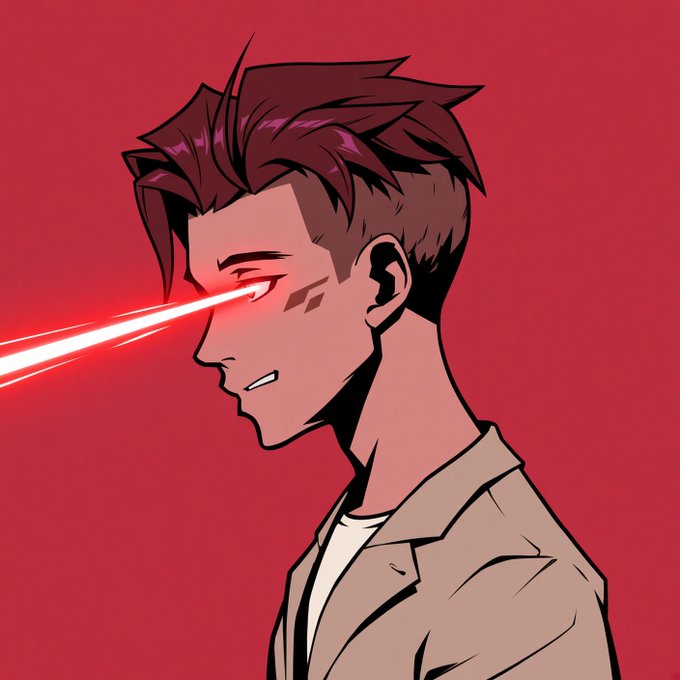 An anime-style illustration shows a young man with dark reddish hair and a red laser beam shooting from his eye against a solid red background.