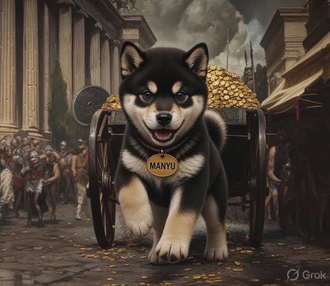 A regal black-and-tan Shiba Inu marches triumphantly through an ancient Roman street, pulling a cart overflowing with gold coins and wearing a golden tag inscribed "MANYU." The image visually reinforces the post's bold claim of $MANYU's unstoppable dominance in the market cycle, with the triumphant dog leading the charge like a conquering hero.