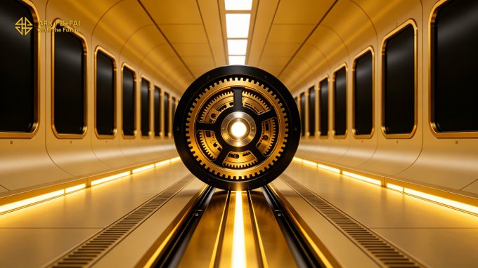 A gleaming golden tunnel with a large mechanical gear at its center symbolizes precision and seamless workflow execution, reinforcing Arkie AI App's message of transforming ideas into structured, efficient progress through AI Agents for ARK users. The watermark "ARK AI FUND" appears in the top-left corner.