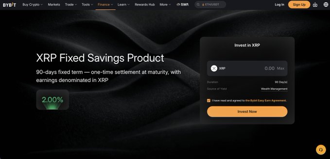 This image showcases Bybit's "XRP Fixed Savings Product," offering a 90-day term with a 2.00% yield. The screenshot is from Bybit's website, indicating that Doppler.fi designed this product.