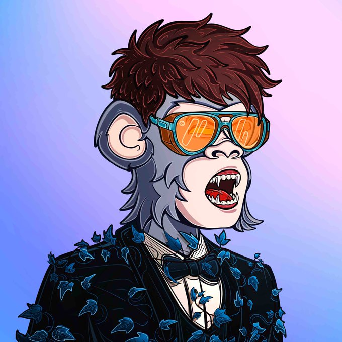 A stylized digital illustration shows a roaring ape character with brown hair, orange-tinted sunglasses, sharp fangs, and a tuxedo adorned with blue ivy, set against a pastel purple-pink gradient background—likely the newly minted NFT being celebrated in the post.