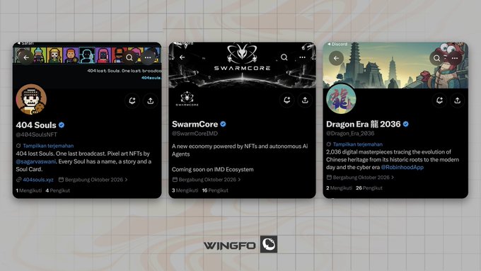 Three NFT project cards displayed side-by-side: "404 Souls" (@404SoulsNFT) showcasing pixel art NFTs, "SwarmCore" (@SwarmCoreIMD) an NFT-powered AI agent economy, and "Dragon Era 2036" (@Dragon_Era_2036) featuring 2,036 digital Chinese heritage masterpieces, all watermarked with the Wingfo logo.