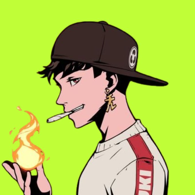 An anime-style illustration of a young man in profile wearing a backwards baseball cap and holding a flame in one hand and a cigarette in his mouth, against a lime green background.