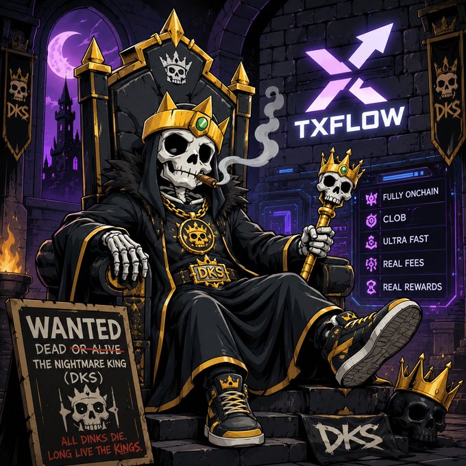 A promotional graphic featuring a skeleton king character on a throne smoking a cigar, with text including 'TXFLOW', 'WANTED DEAD OR ALIVE THE NIGHTMARE KING (DKS)', 'ALL DINKS DIE, LONG LIVE THE KINGS.', and feature labels like 'FULLY ONCHAIN' and 'REAL REWARDS'.