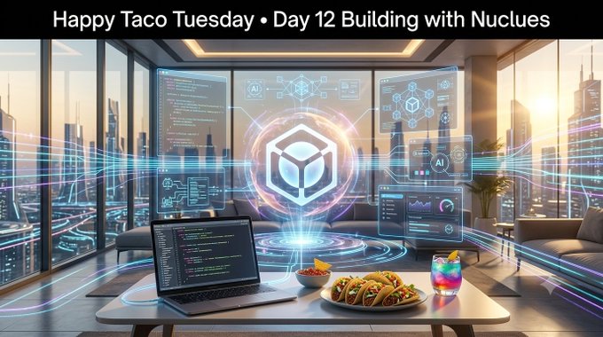 A futuristic interior scene titled 'Happy Taco Tuesday • Day 12 Building with Nuclues' shows a laptop displaying code, floating tech interfaces, tacos on a coffee table, and a glowing cube hologram.