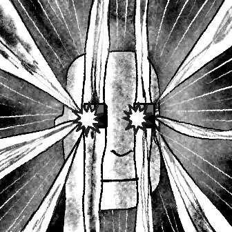 A black and white woodcut-style illustration of a surreal, symmetrical figure with spiky star-shaped eyes and radiating lines emanating from its head.