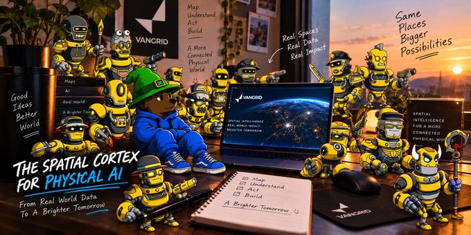 A promotional graphic for VanGrid titled 'THE SPATIAL CORTEX FOR PHYSICAL AI,' showing yellow robot figures surrounding a person working on a laptop displaying 'SPATIAL INTELLIGENCE FOR A MORE CONNECTED PHYSICAL WORLD,' with text including 'Same Places Bigger Possibilities' and 'A More Connected Physical World.'