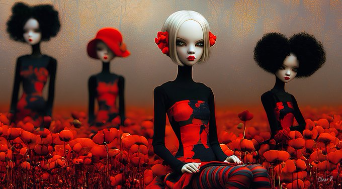 An artistic rendering of pale-skinned dolls with stylized hair and makeup, wearing red and black outfits, sitting in a field of red flowers, signed 'Clear R' in the corner.