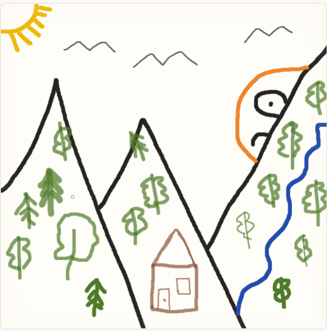 A simple child-like digital drawing showing a landscape with mountains, green trees, a small house, a blue river, a yellow sun, and an orange-outlined face in the upper right mountain.