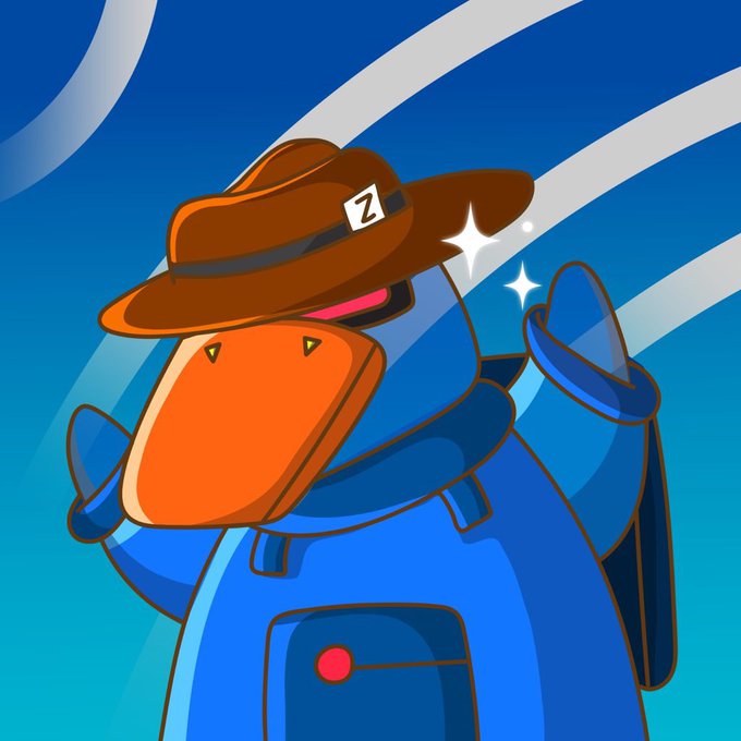 A cartoon illustration of a blue robot character wearing an orange backpack and a brown ranger-style hat with a 'Z' badge on its band, set against a blue background with white streaks and sparkles.