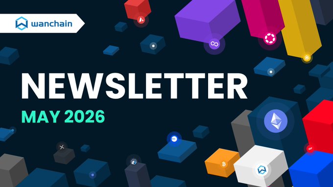 A dark background with colorful cubes, reading "May 2026" overlaid onto it. Below the text, there's a post that reads "Special shout out to: @Cryptofly777 @0x_trophy @VETlieber @zhodonx". The posts also include mentions of "The Wanchain outreach team!". The words are surrounded by white and blue squares.