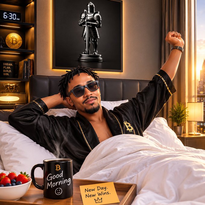 A stylized image of a man with sunglasses and dreadlocks sitting up in bed with a fist raised, wearing Bitcoin-themed pajamas in a luxury bedroom featuring a knight statue and a 'Good Morning' Bitcoin mug.