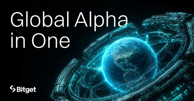 A Bitget advertisement showing a glowing blue digital Earth surrounded by a futuristic space station, with the text "Global Alpha in One."