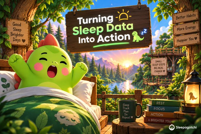 A promotional graphic titled "Turning Sleep Data Into Action" by Sleepagotchi, showing a happy green dinosaur in bed surrounded by signs reading "Good Sleep Brighter Days", "Better Habits", and "Small Sleep Steps Big Real Change".