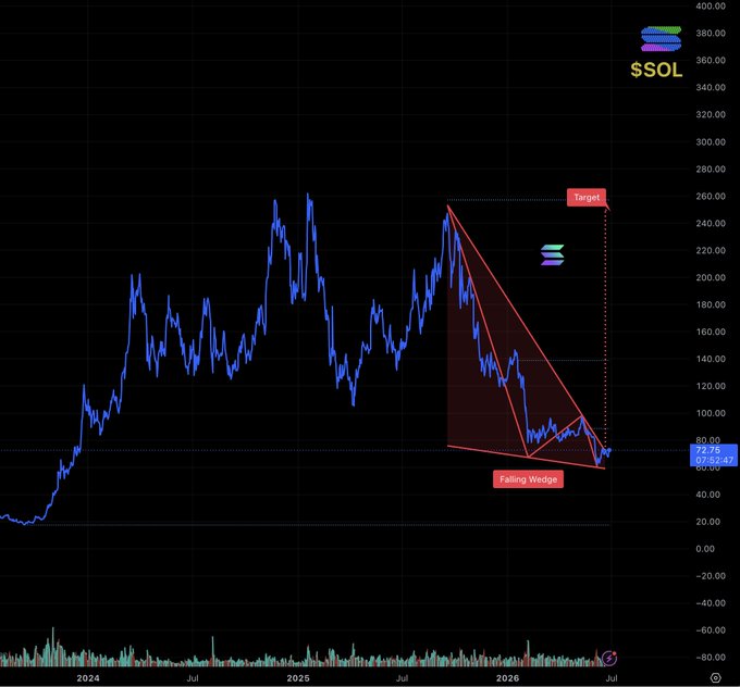 A daily price chart of $SOL showing a falling wedge pattern with a measured target near $260, supporting the post's observation that a potential bullish setup appeared on the chart.