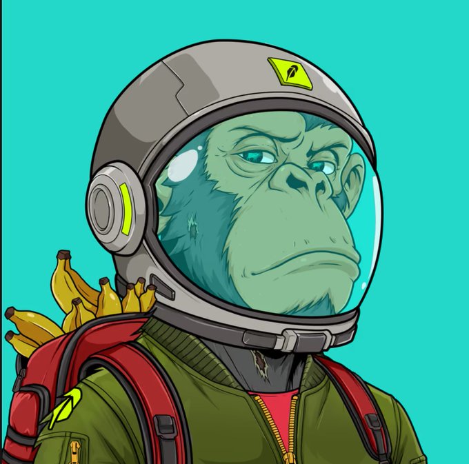 A cartoon ape wearing a space helmet and astronaut suit, with bananas visible in a backpack, is depicted in vibrant colors against a teal background. The image represents the "Suited Apes" NFT collection mentioned in the post, celebrating the user's successful mint.