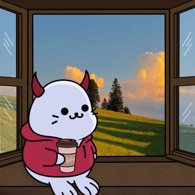 A cute white devil cat in a red hoodie sits by a window holding a coffee cup with "G.M" visible on it, gazing out at a serene grassy hillside with trees and golden clouds—perfectly capturing the relaxed "GM EVERYONE" morning vibe.