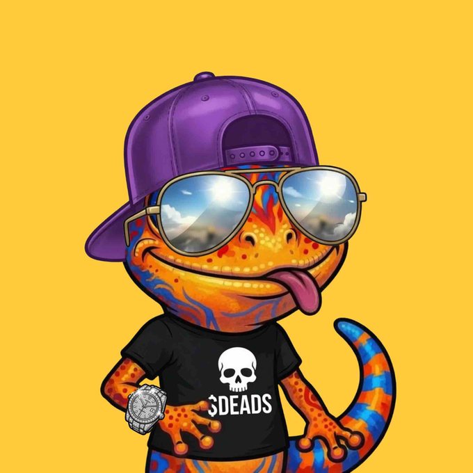 A digital illustration of a colorful gecko wearing a purple baseball cap, mirrored sunglasses reflecting clouds, and a black t-shirt with a skull and the text "$DEADS".