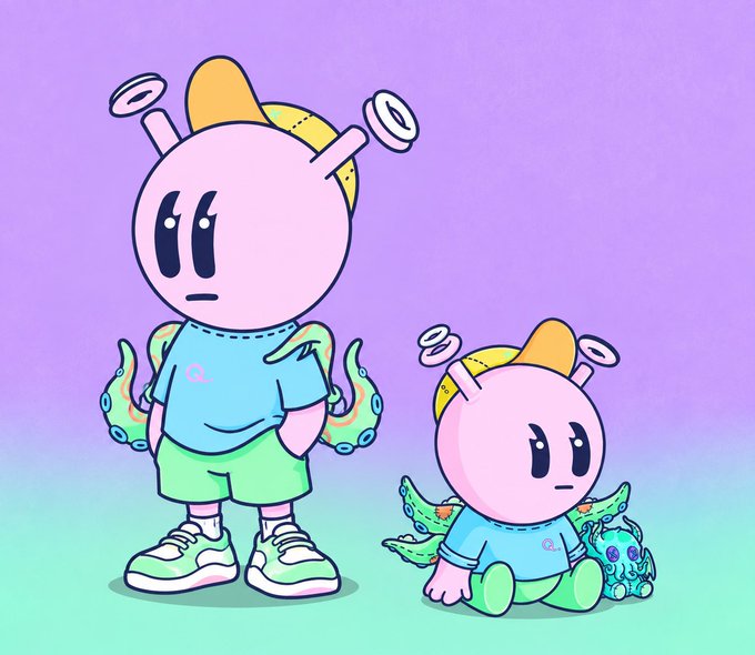 Two pink cartoon characters with halo-like rings stand and sit on a purple-green gradient background, wearing teal shirts and green shorts with flame-like wings.