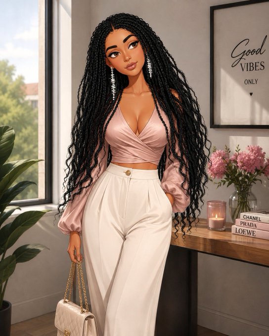 A stylized illustration of a woman with long dark braided hair wearing a pink wrap top and white pants, holding a beige quilted handbag next to a table with books labeled 'CHANEL', 'PRADA', and 'LOEWE', under a framed 'Good VIBES ONLY' sign.