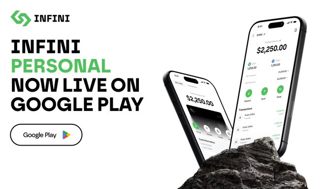 The image is a promotional graphic for the Infini Personal app, featuring the INFINI logo and text "INFINI PERSONAL NOW LIVE ON GOOGLE PLAY" alongside a Google Play badge. Two smartphones display the app's interface, showing a balance of $2,250.00 and various financial features including deposit, send, and swap options, visually highlighting the launch announcement mentioned in the post.