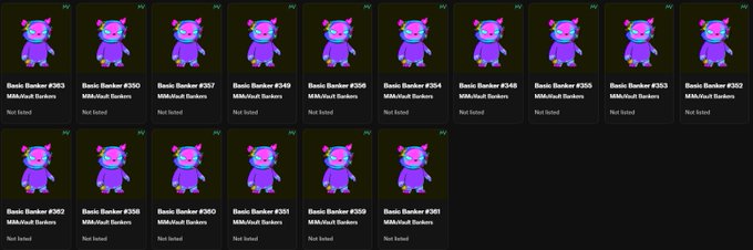 Grid of NFT listings showing multiple identical purple cartoon cat/bear characters labeled as 'Beats Banker' #113, #550, #527, #549, #159, #564, #548, #565, #552, #562, #558, #550, #521, #559, #551, all marked as 'M4tRicE Bankers' and 'Not listed'.