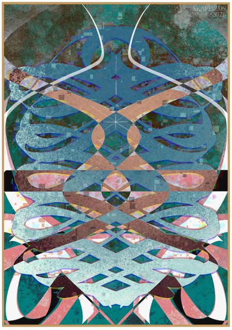 A symmetrical, abstract digital artwork by 'skapeznik 2026' featuring intertwining teal, pink, and brown geometric shapes resembling a stylized face or mask.