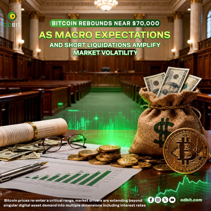 A promotional graphic for ODBIT featuring a courtroom scene overlaid with a money bag overflowing with $100 bills, gold Bitcoin coins, eyeglasses, legal documents with green financial graphs, and the headline "BITCOIN REBOUNDS NEAR $70,000 AS MACRO EXPECTATIONS AND SHORT LIQUIDATIONS AMPLIFY MARKET VOLATILITY," visually reinforcing the post's message about Bitcoin's price recovery near $70,000 amid heightened market volatility driven by macro factors and short liquidations.