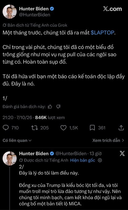 A screenshot of a thread by Hunter Biden (@HunterBiden) on X, originally in English and translated to Vietnamese, discussing the $LAPTOP launch, a 'star pull rug' chart, and a promised MICA document release.