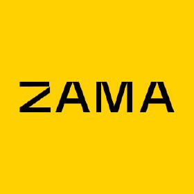 A solid yellow logo with the stylized text 'ZAMA' in black.