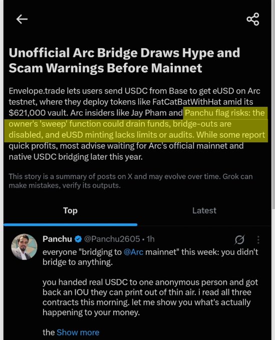 The image shows a mobile news article titled "Unofficial Arc Bridge Draws Hype and Scam Warnings Before Mainnet," describing how Envelope.trade lets users send USDC from Base to get eUSD on Arc testnet, with insiders like Jay Pham and Panchu (highlighted in yellow) flagging risks such as the owner's 'sweep' function potentially draining funds and disabled bridge-outs.

This directly supports the post's claim that the narrative has flipped from Arc mainnet hype to scam warnings, as the article cites warnings from figures like Panchu about unofficial bridges being exploited—exactly the "stop blindly aping and actually look at the contracts" sentiment the post highlights.