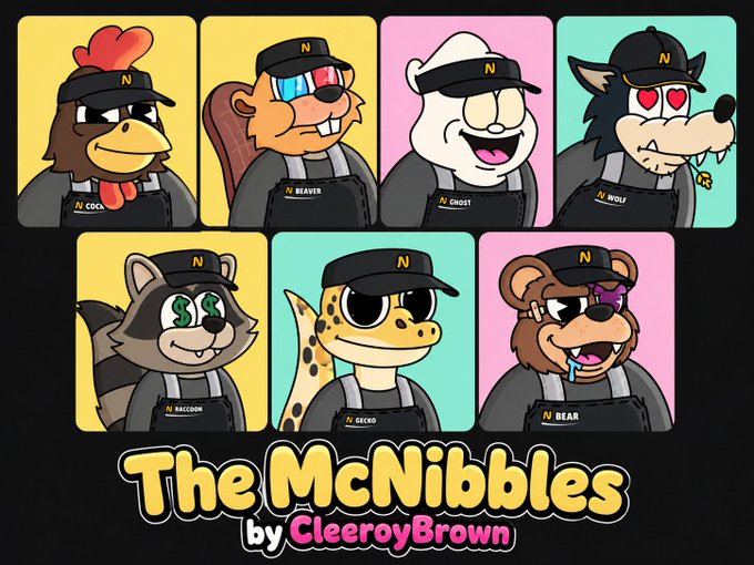 Illustrated character lineup titled 'The McNibbles by CleeroyBrown' featuring seven cartoon animals in McDonald's-style uniforms with 'N' caps, including cock, beaver, ghost, wolf, raccoon, gecko, and bear.