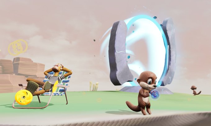An animated scene features a man lounging on a beach chair beside a portal, while an otter character holding a blue object walks in the foreground.