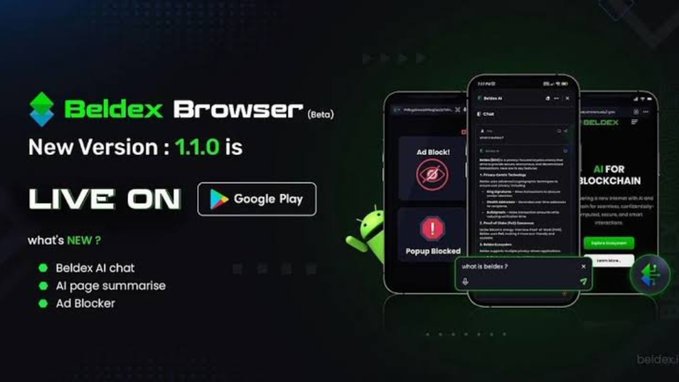 Promotional image announcing Beldex Browser (Beta) New Version 1.1.0, now live on Google Play, featuring Beldex AI chat, AI page summarisation, and Ad Blocker, with phone screenshots showing the browser interface and ad-blocking functionality. The post highlights the user's preference for Beldex Browser as a privacy-conscious daily choice, aligning with the ad-blocking and private browsing features showcased in the image.
