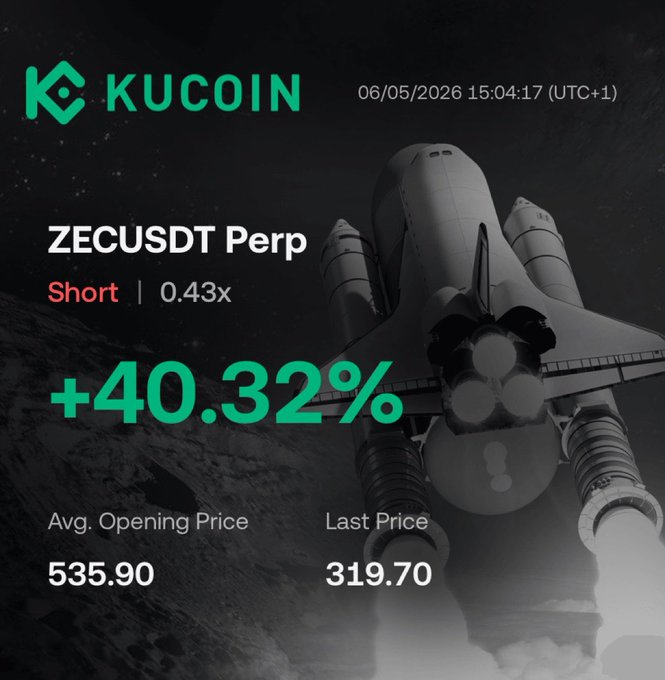 The image features a space shuttle flying across a black background with white stars, surrounded by text in white and green that reads "ZECUSDT PEP SHORT $ZECUSDT PEP SHORT @1x leverage 4 days ago Closed today for a quick and easy 40% profit". The text appears to be a combination of the image elements and the posted content. This post emphasizes short time trading, making it relevant to those who are interested in investing in cryptocurrency or space exploration-related markets.