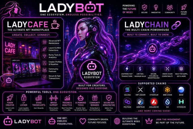 A futuristic purple-themed infographic for the 'LADYBOT' ecosystem, detailing its components like LadyCafe NFT marketplace and LadyChain, along with supported blockchains such as Solana, Ethereum, and BNB Chain.