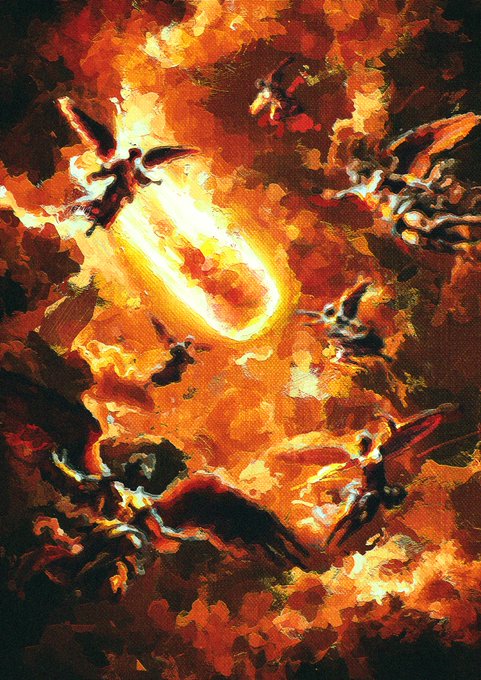 A classical painting style illustration of angels or winged figures falling through fiery, swirling orange and red clouds illuminated by a bright central light.