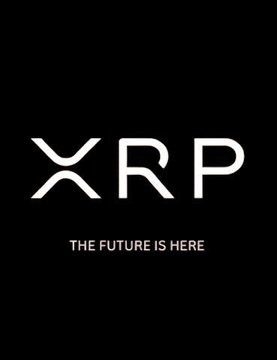 The image features a black background with white text that reads "XRP" at the top of the frame. Below this, there are two lines of text that read "the future is here", which appears to be a slogan or message related to Bitcoin and cryptocurrency adoption. The overall layout suggests that XRP is being promoted as an essential part of the future, with banks and financial institutions adopting it for their customers' digital assets.