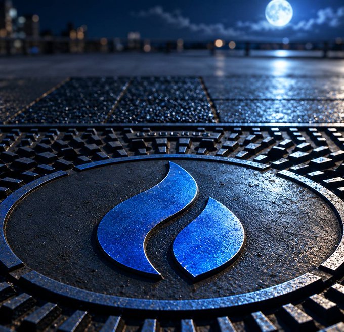 A glowing blue SUI logo embedded in a wet metallic platform reflects the moonlight in a moonlit cityscape, evoking the post's reference to "moon saw HTX"—suggesting lunar approval and an auspicious sign for the SUI token.