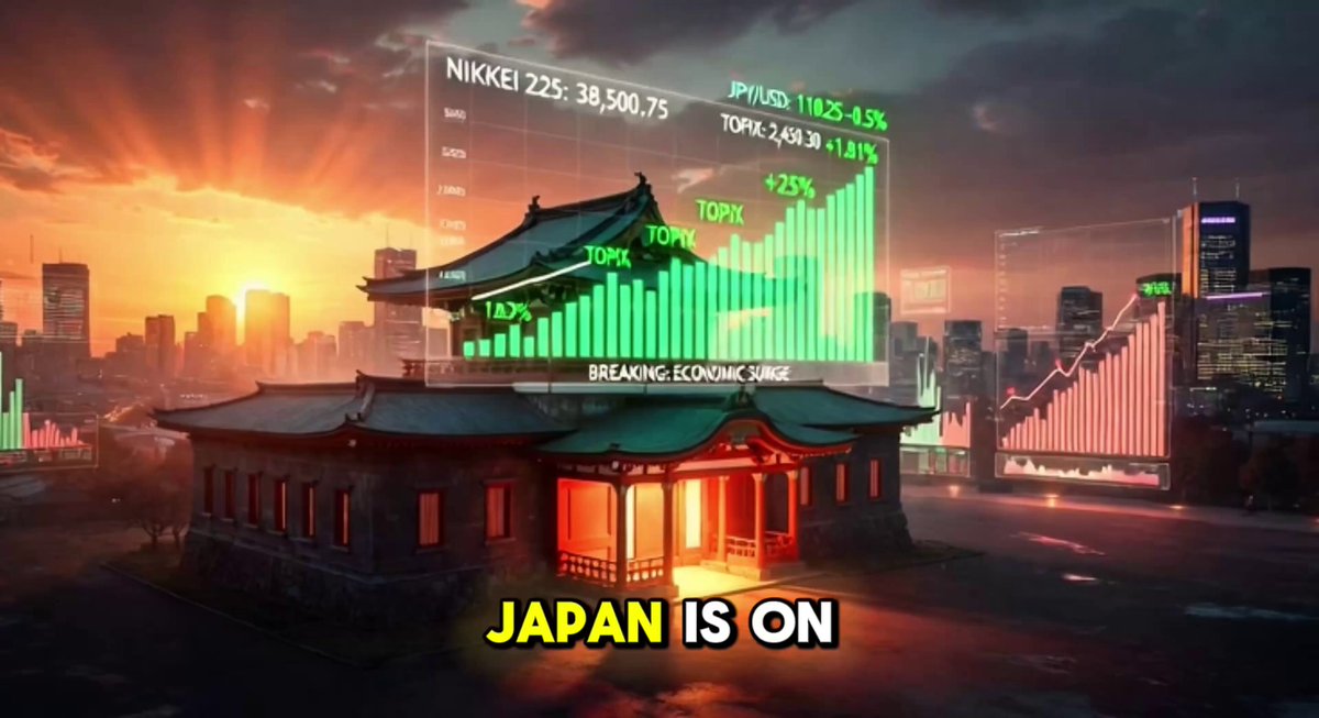 The image features a cityscape with buildings and a temple, set against an orange sky. In the foreground, there's a banner that reads "Japan Is ON" followed by a list of statistics about Japan's economy. The text suggests that Japan is actively working on new regulations for cryptocurrencies like XRP, which are currently being discussed in parliament. This information highlights how Japan is embracing digital currency and integrating it into their financial landscape.