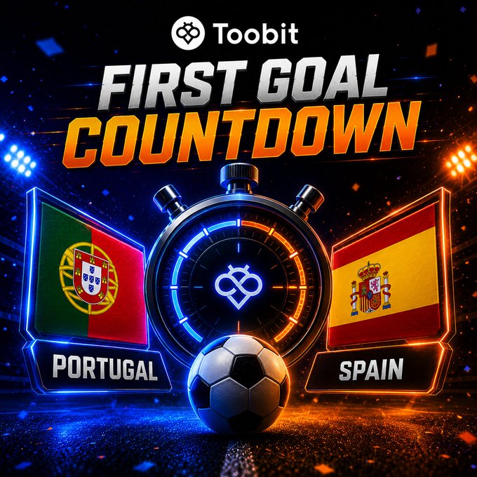 Toobit promotional graphic for a 'First Goal Countdown' event featuring Portugal vs Spain flags, a soccer ball, and a stopwatch on a stadium-lit background.