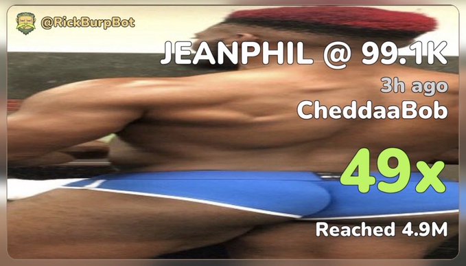 A video thumbnail from @RickBurpBot showing a muscular person in a red headband lying face down on a blue mat, with text overlay reading "JEANPHIL @ 99.1K," "3h ago," "CheddaaBob," "49x," and "Reached 4.9M."