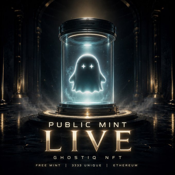 Promotional graphic for 'GHOSTIQ NFT' public mint, featuring a glowing ghost in a futuristic containment chamber with text 'FREE MINT | 3333 UNIQUE | ETHEREUM'.