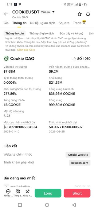 The image shows a Binance trading page for the COOKIE/USDT pair, displaying a market cap of $7.69M, 24-hour trading volume of $277.86K, and a circulating supply of 835.93M COOKIE tokens. This visual reinforces the post's claim about COOKIE's dramatic decline from its peak, as the current market cap sits under $10M, illustrating the steep losses suffered by holders who staked near the top during the previous yap trend hype.