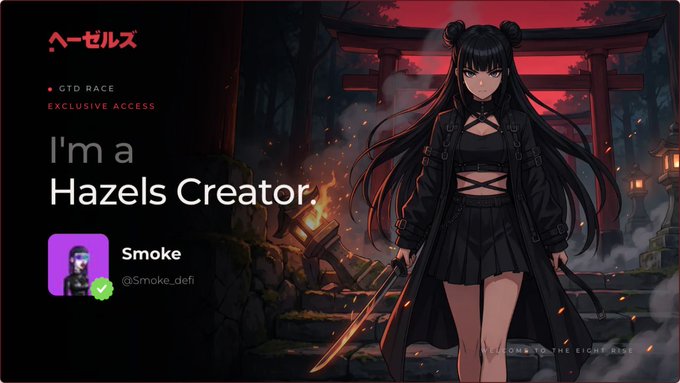 A promotional graphic for 'Hazels Creator' featuring an anime-style character in dark clothing with the text 'I'm a Hazels Creator' and a profile for 'Smoke' (@Smoke.defi).