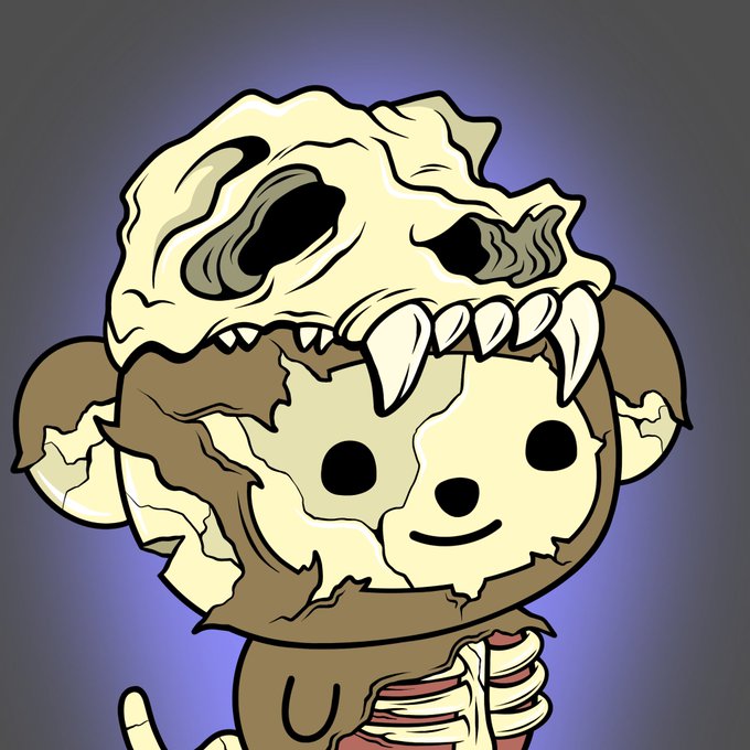 A cartoon illustration of a cute character with a teddy bear-like face wearing a cracked dinosaur skull with sharp teeth as a helmet, set against a purple gradient background.