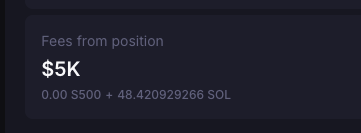 A dark interface displays 'Fees from position $5K' along with '0.00 $500 + 48.420929266 SOL'.