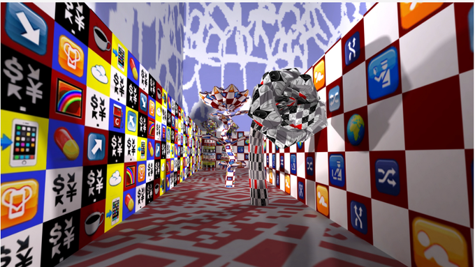 A surreal 3D digital artwork showing a checkered hallway lined with colorful square icons (weather, payment, currency symbols) leading to geometric figures including a metallic lion-like creature.